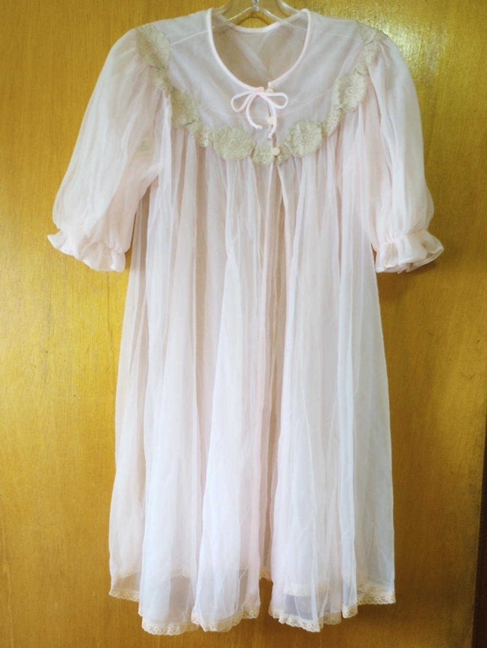 Lisette by Al Sterling Pink Sheer Vintage Nylon & Floral Lace Summer Robe w/ Bow
